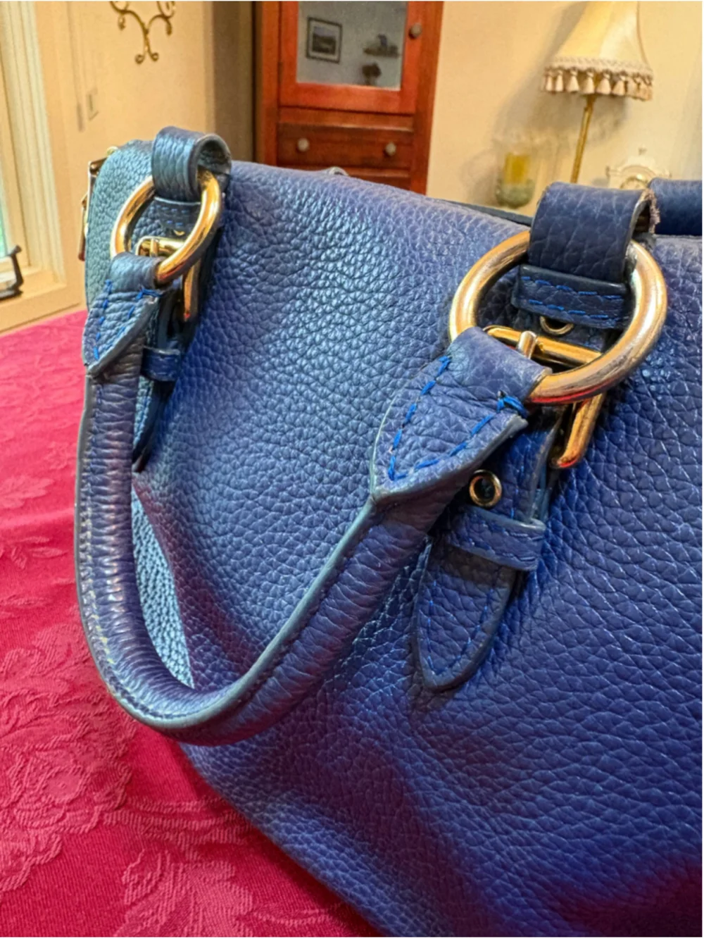 Miu Miu Blue Leather Satchel Bag With Gold Hardware